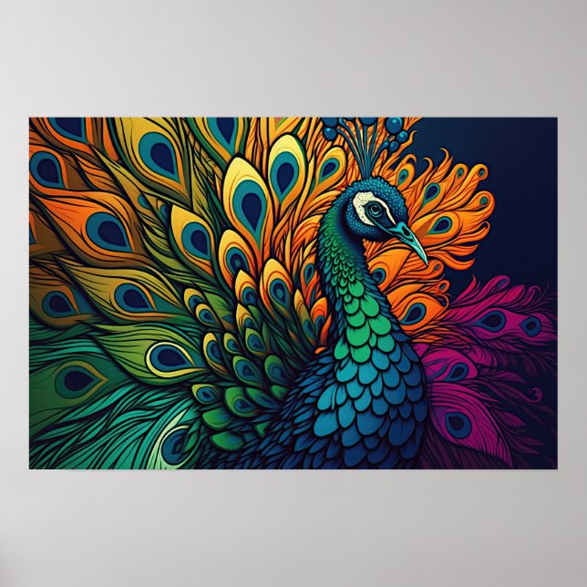 Magnifique Peacock Coloré, Style Art Déco (Devant)