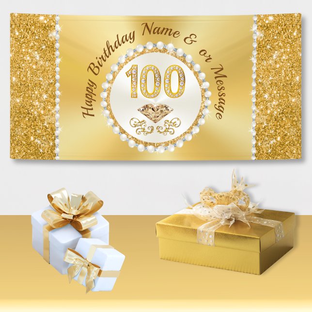 Magnifique personnalisée, bannières du 100e annive (100th birthday party ideas. 100th birthday party ideas. Diamond Pearls, 100th birthday party theme.)