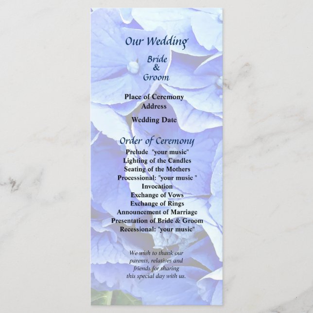Magnifique programme de mariage aux Hortensias ble (Devant)