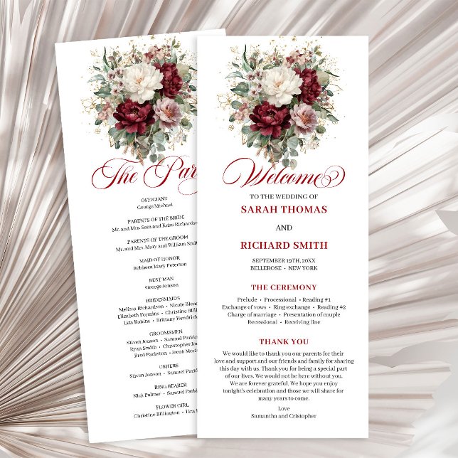 Magnifique programme de mariage long en bordeaux r (Beautiful Blush Burgundy Wedding Program Card)