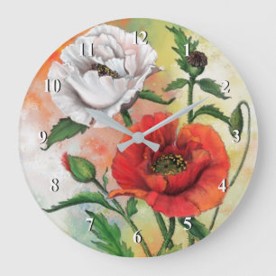 Magnifique Rouge Blanc Poppies Horloge murale - Pe