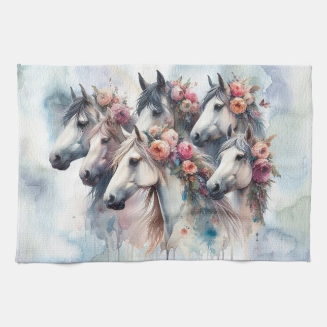 Magnifique Serviette de Cuisine Florale Chevaux (Horizontal)