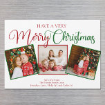 Magnifique très joyeux Noël 3 Photo Magnet Card<br><div class="desc">Ayez une carte magnétique photo Very Joyeux Noël 3 avec une belle calligraphie en rouge et vert. Ces vacances modernes trois magnets photo de famille présente un script magnifique et votre nom sous le collage photo carré festif.</div>