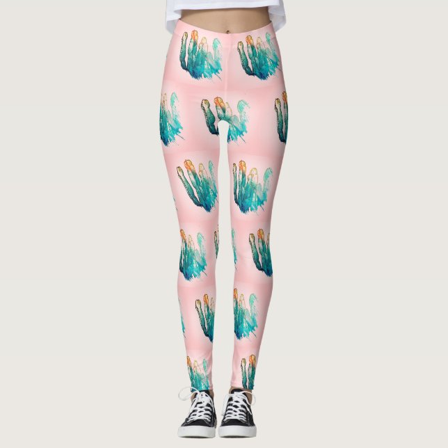 Magnifique Turquoise Cactus Motif Leggings (Devant)