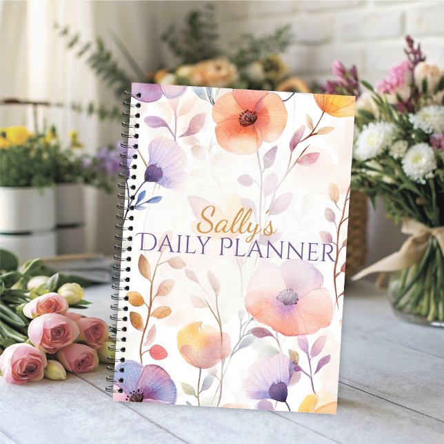 Magnifiques Fleurs Aquarelles Douces (Watercolor floral daily planner with soft lavender and peach blooms.)