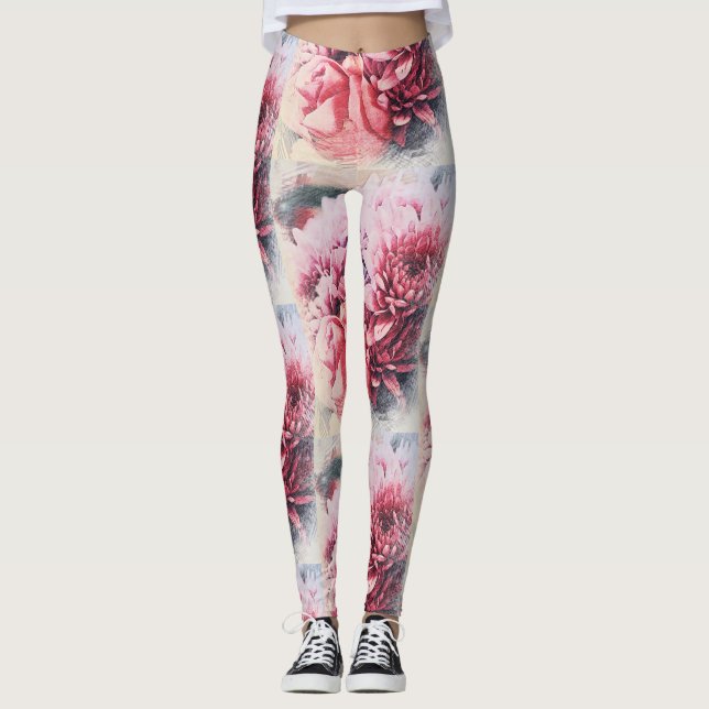 Magnifiques leggings à fleurs rose chrysanthème ro (Devant)