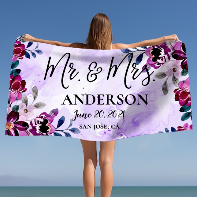 Magnifiques serviettes de plage Mr & Mrs pour mari (Beautiful Floral Mr & Mrs Wedding or Anniversary Beach Towel)