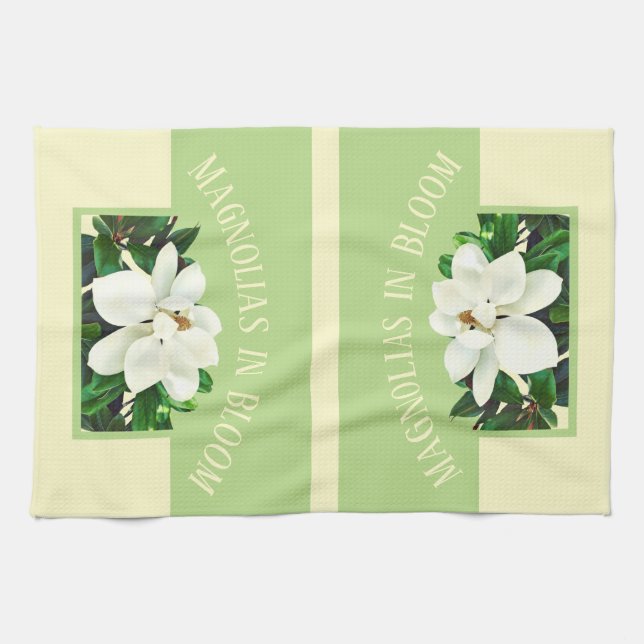 Magnolia Bloom | Serviette de cuisine verte et jau (Horizontal)