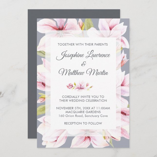 Magnolia Charm Floral Mariage Invitations (Devant / Derrière)