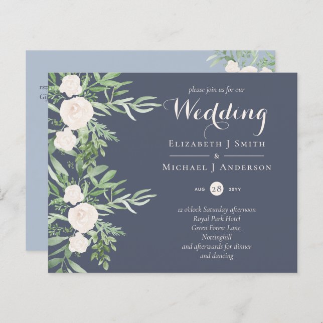 Magnolia Dusty Blue Flower Wedding Invite BUDGET (Devant / Derrière)