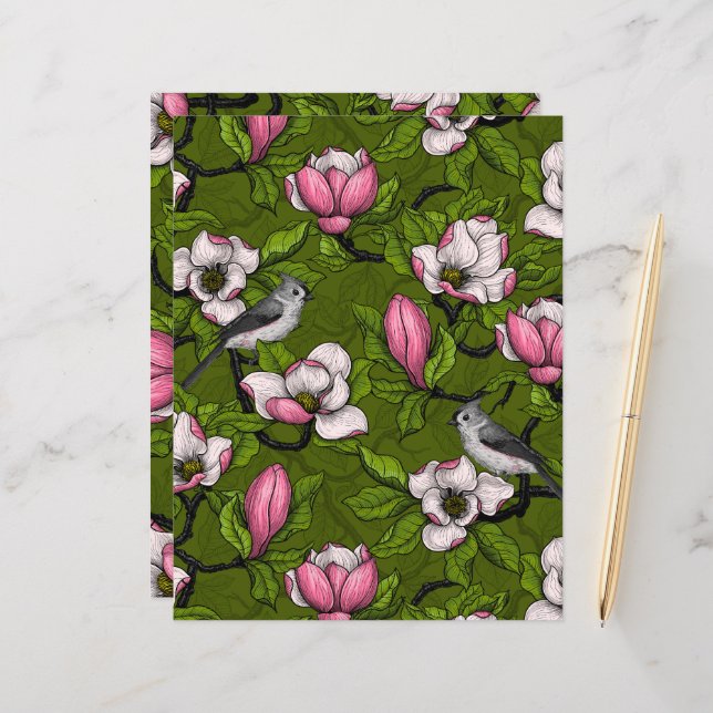 Magnolia en fleurs et oiseau titmouse 2 (Devant/Arrière en situation)