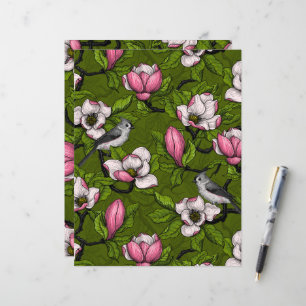 Magnolia en fleurs et oiseau titmouse 2
