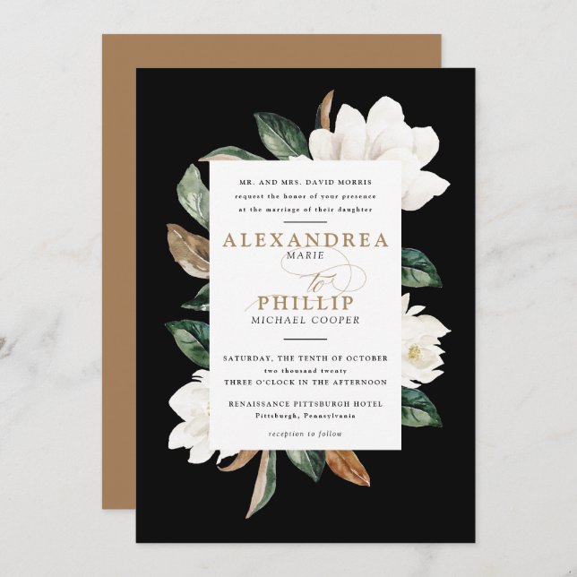 Magnolia Faire-part de mariage | Black (Devant / Derrière)