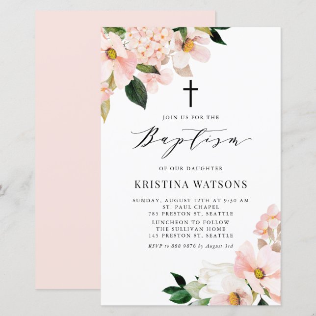 Magnolia rose pâle et Invitation de baptême Hydran (Devant / Derrière)