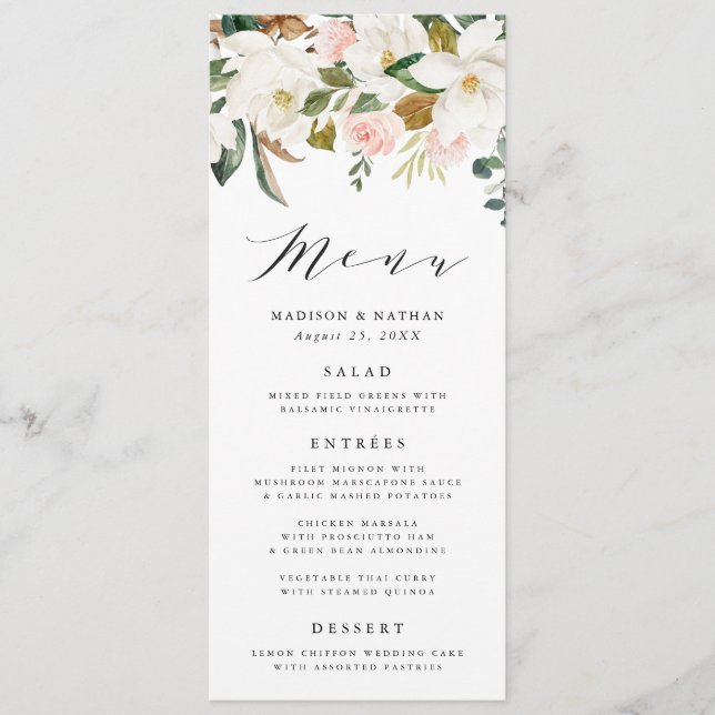 Magnolias Aquarelle | Carte de Menu de Mariage (Devant)