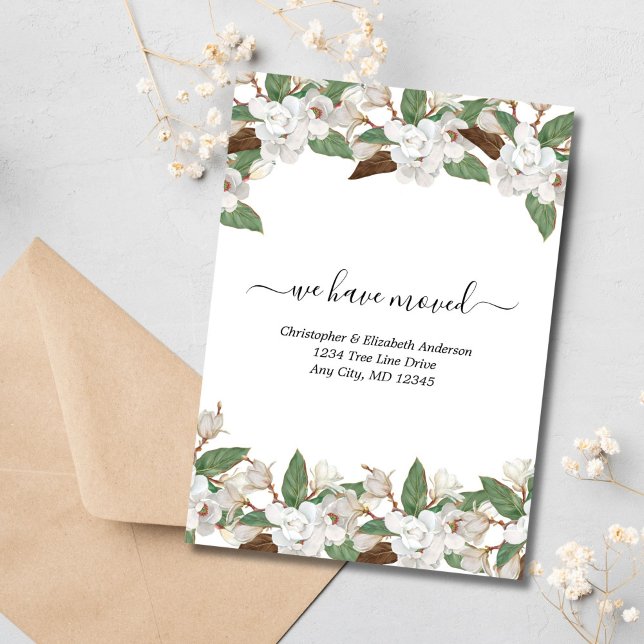 Magnolias Floral Blanc Script Moving Faire-part (White Florals Magnolias Moving Announcement Flat card)