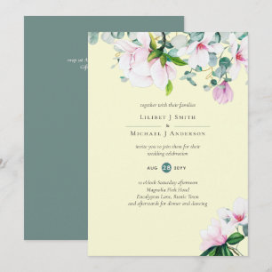 Magnolias rose Floral et Mariage Jaune Invitation
