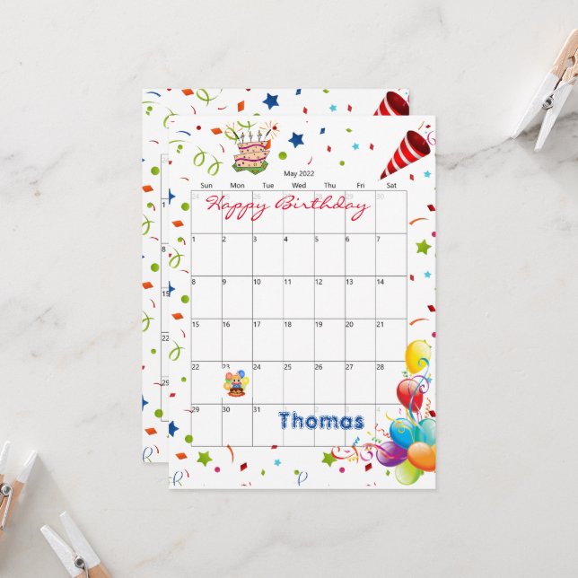 Mai 2022 Calendrier Bonne Invitation Anniversaire (Devant/Arrière en situation)