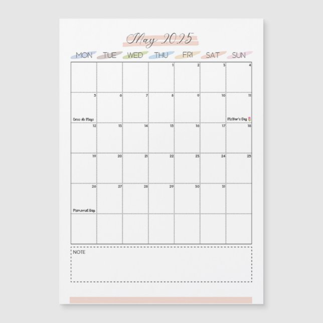 Mai 2025 Calendrier magnétique (Devant)