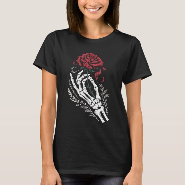 Main de squelette tenant une rose T-Shirt gothique (Devant)