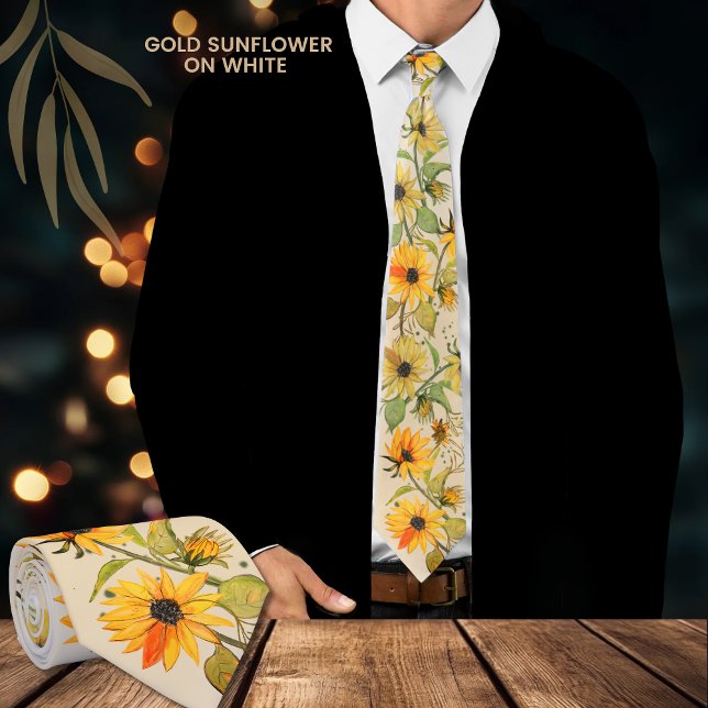 Main de tournesol doré peint sur Cravate blanc (Golden Sunflower Hand Painted on White Neck Tie)