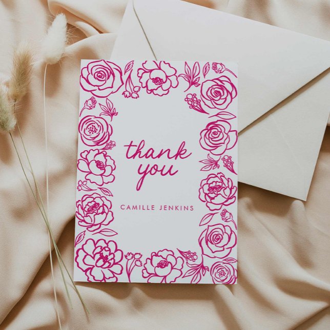Main rose florale tirée Merci lunaire (Pink Floral Elegant Thank you card)