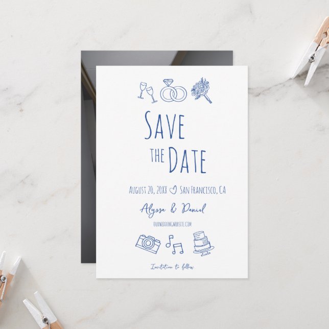 Main Whimsical dessinée Minimal bleu blanc photo (Devant/Arrière en situation)