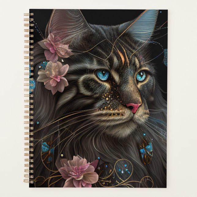 Maine Coon chat avec papillon et fleurs IA art (Devant)