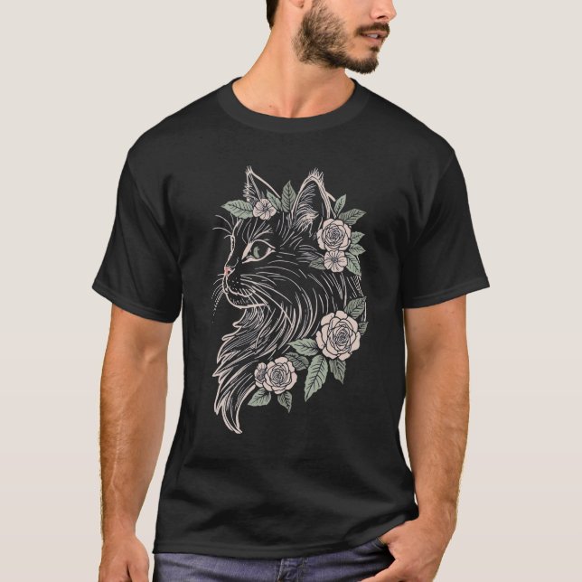Maine Coon Floral Cat T-Shirt (Devant)