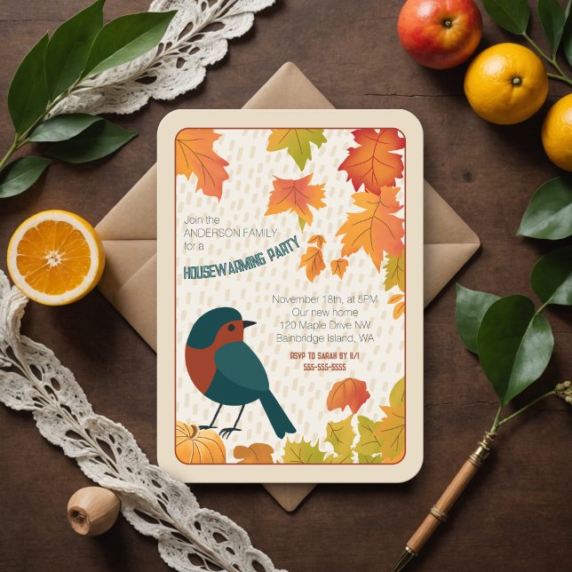 Maison Chaleureuse de l'Automne : Invitation Minim (Charming fall housewarming invite with a robin, swirling leaves, and vibrant autumn colors.)