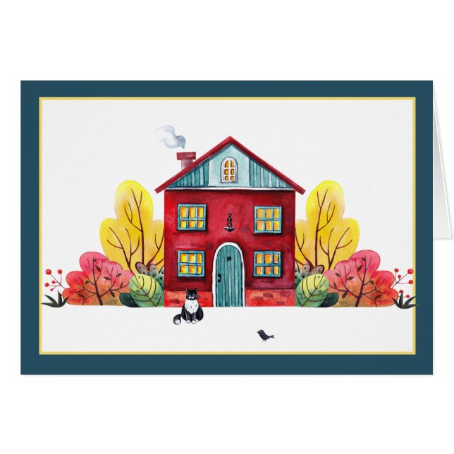Maison d'automne et chat  (Devant horizontal)