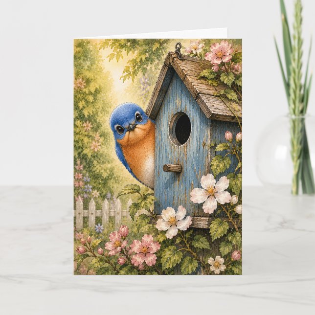 Maison de merle bleu Peekaboo Aquarelle Carte vier (Devant)