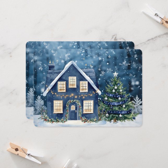 Maison de scène hivernale enneigée de Noël bleue (Devant/Arrière en situation)