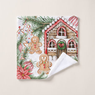 Maison de sucre de canne, poinsettia, bonhomme en