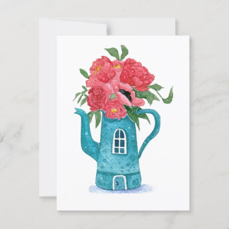 Maison de thé bleu avec carte postale de fleurs ro