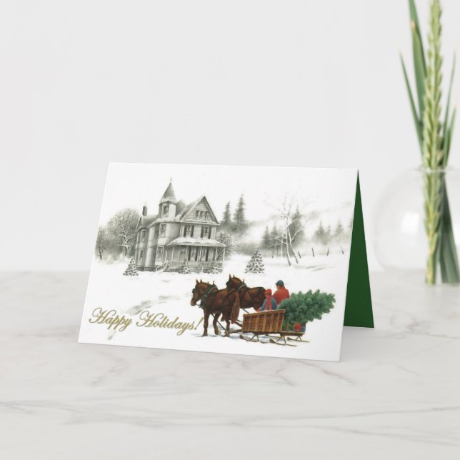 Maison d'hiver et Chevaux Cartes de Noël personnal (Devant)
