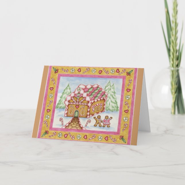 Maison en pain d'épice rose pour carte de Noël (Devant)