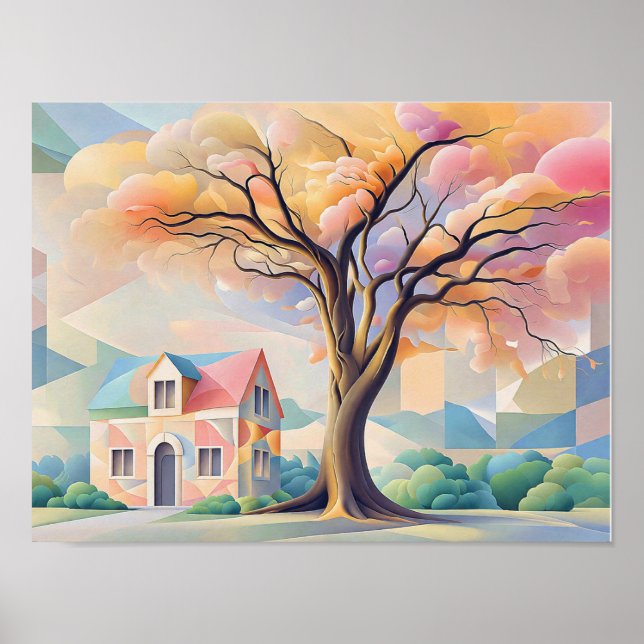 Maison et arbre dans les pastels Art Déco (Devant)