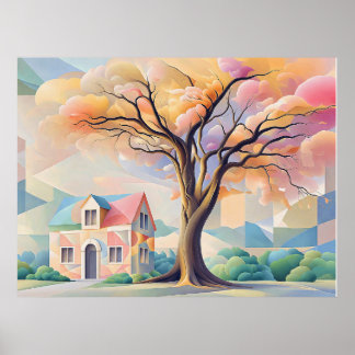 Maison et arbre dans les pastels Art Déco