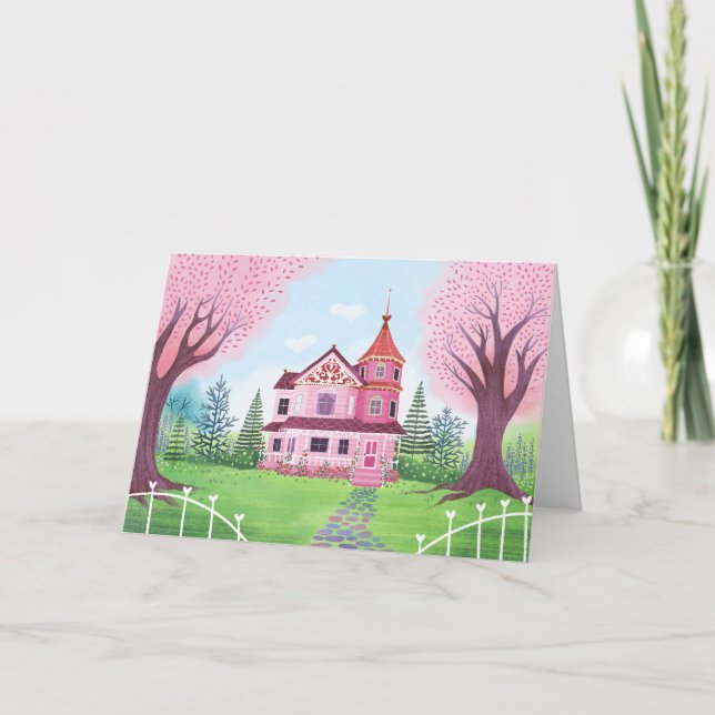 Maison victorienne rose et carte blanche en fleurs (Devant)