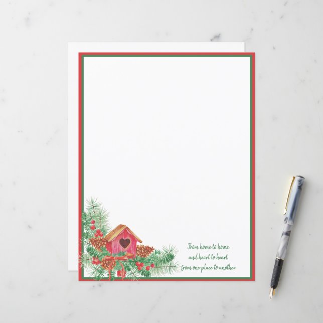 Maisonnette à oiseaux Noël aquarelle mignonne (Devant/Arrière en situation)