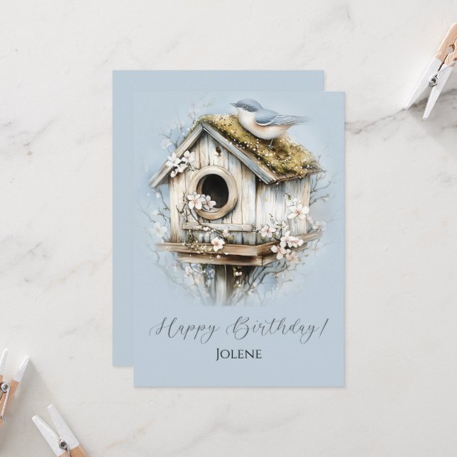 Maisonnette pour oiseaux patinée et Joyeux Anniver (Devant/Arrière en situation)