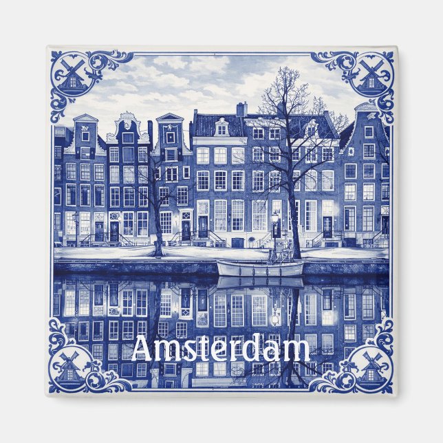 maisons de canal d'Amsterdam aimant carré (Devant)