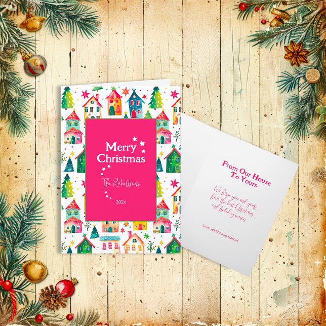 Maisons de Noël mignonnes Carte de vacances pliée (Cute Christmas Houses "Merry Christmas" Folded Card (magenta))