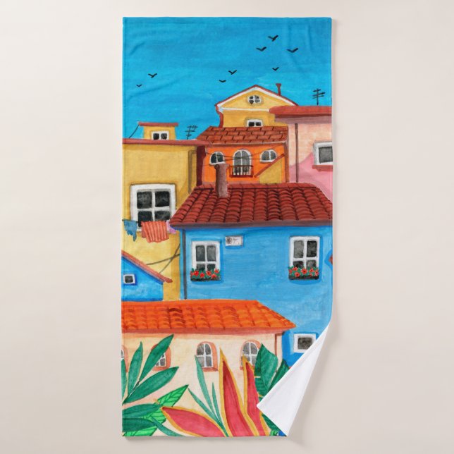 Maisons italiennes. Gouache tirée à la main (Serviette de bain)