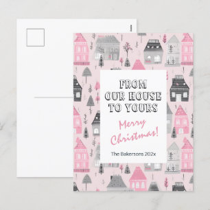 Maisons vintages sur carte postale de Noël rose