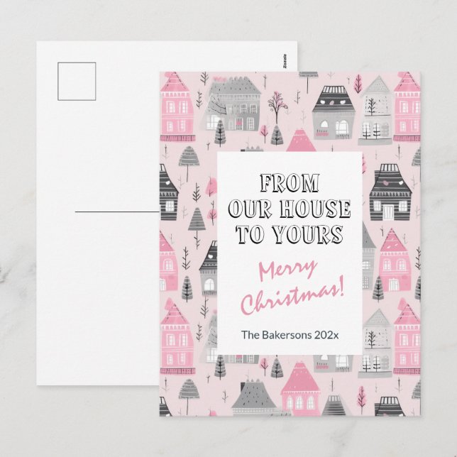 Maisons vintages sur carte postale de Noël rose (Devant / Derrière)