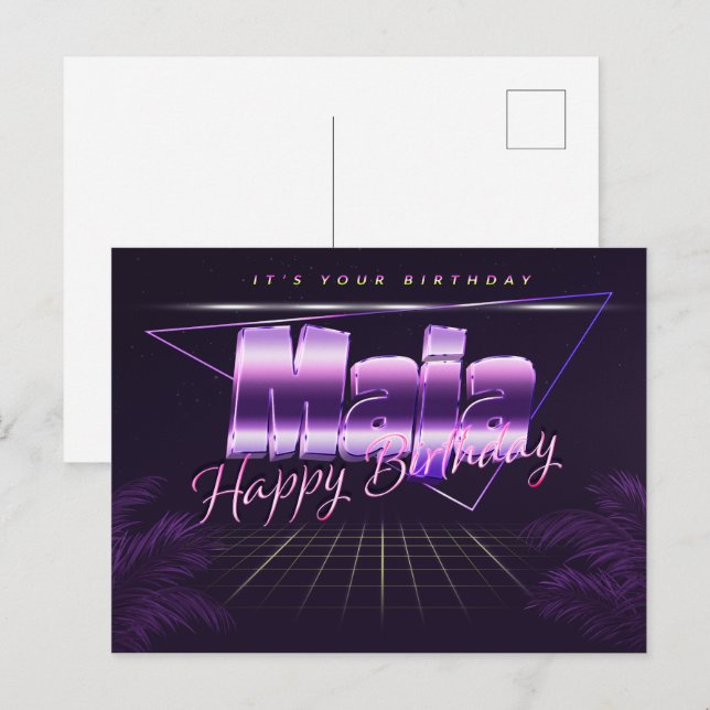Maja prénom carte postale violette anniversaire (Devant / Derrière)