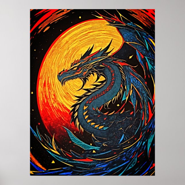 Majestic Moonlit Dragon - Retro Art Poster (Devant)
