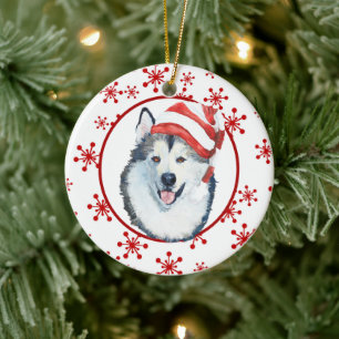 Malamute Santa Hat Snowflake Ornement en céramique